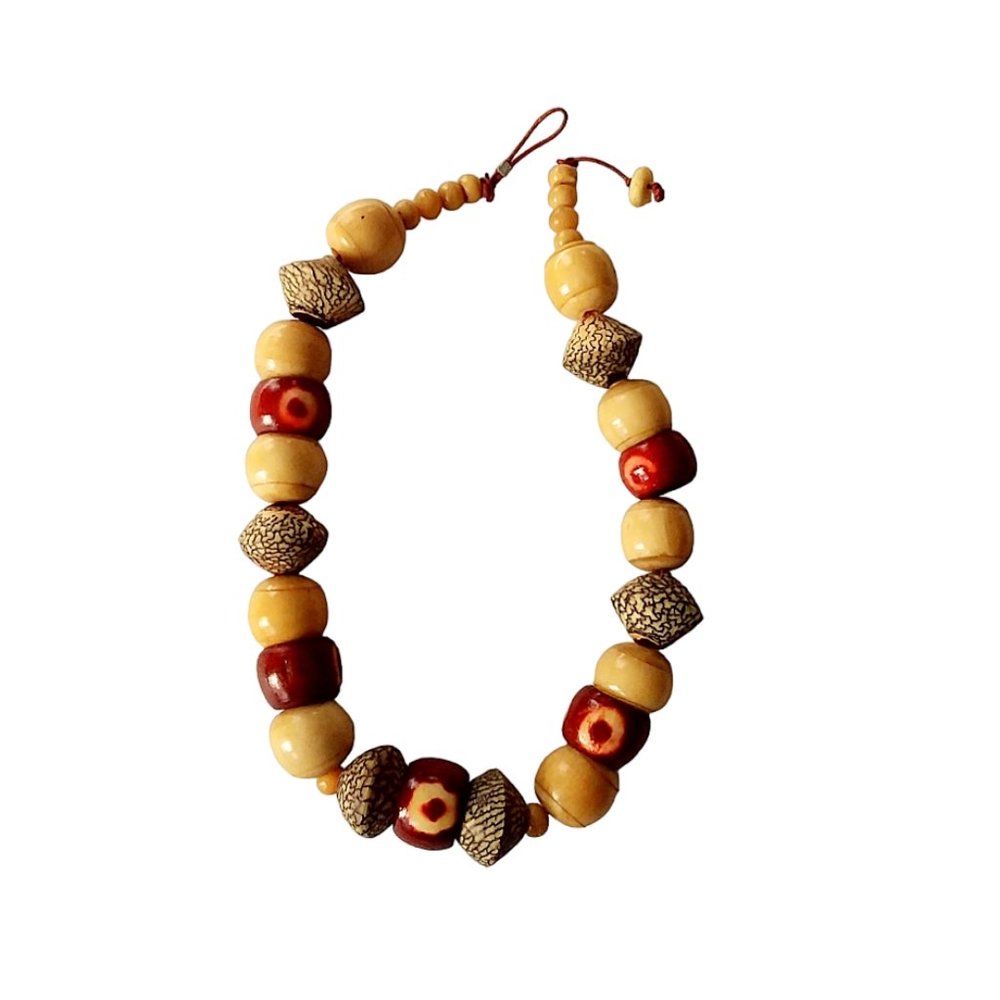 Wood Bead Choker Necklace 18 in. in Warm Tones with Red Accents, Bold and Chunky